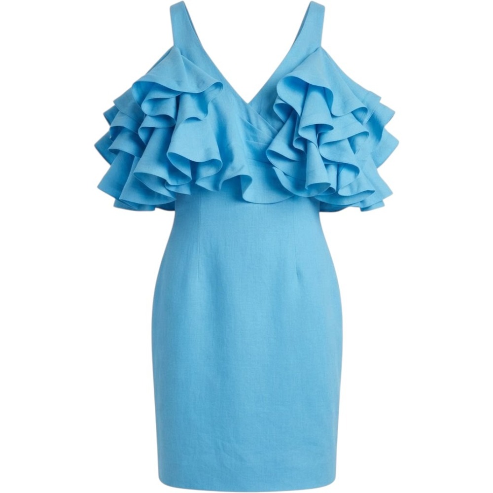 Lanting Bride Blue Ruffle Cold Shoulder V-Neck Cocktail Dress NWT
